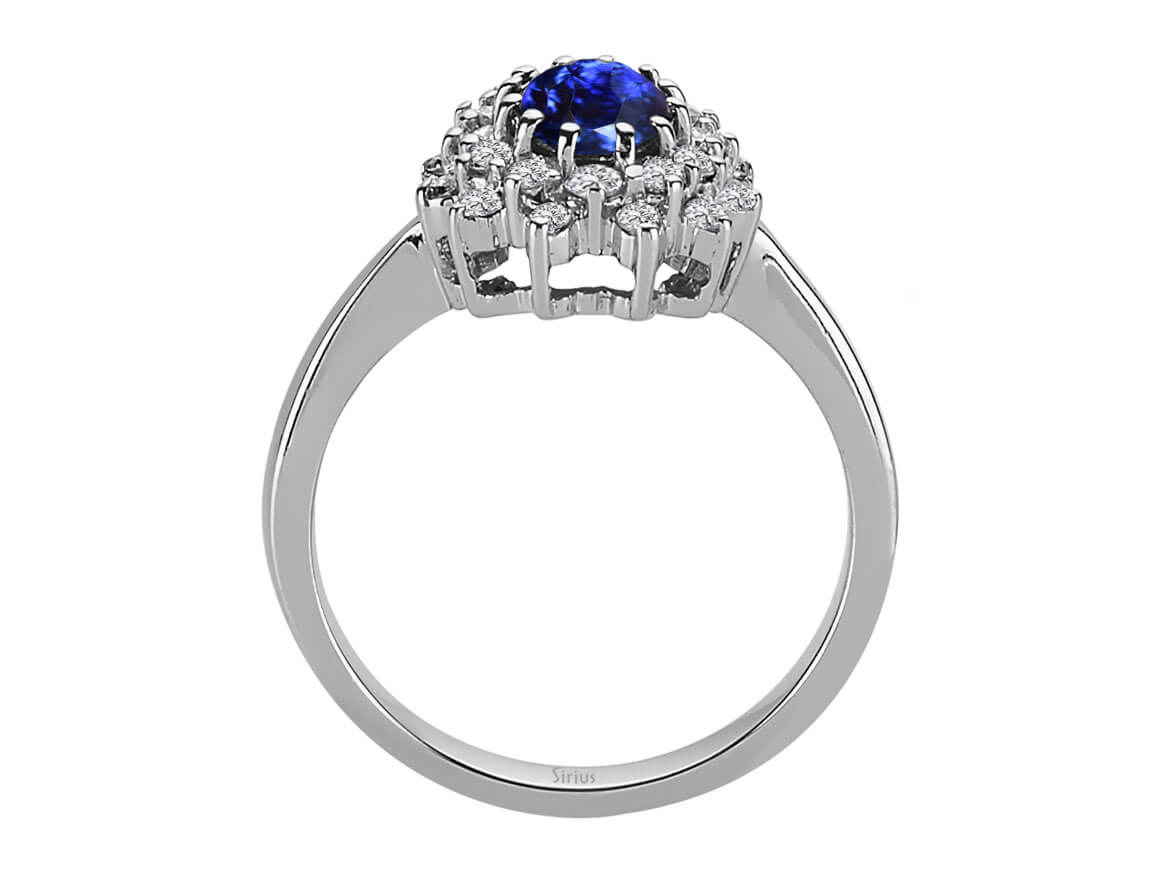 Eleganter Ring mit ovalem Saphir und 24 laborgezüchteten Runddiamanten in 14 Karat Weißgold