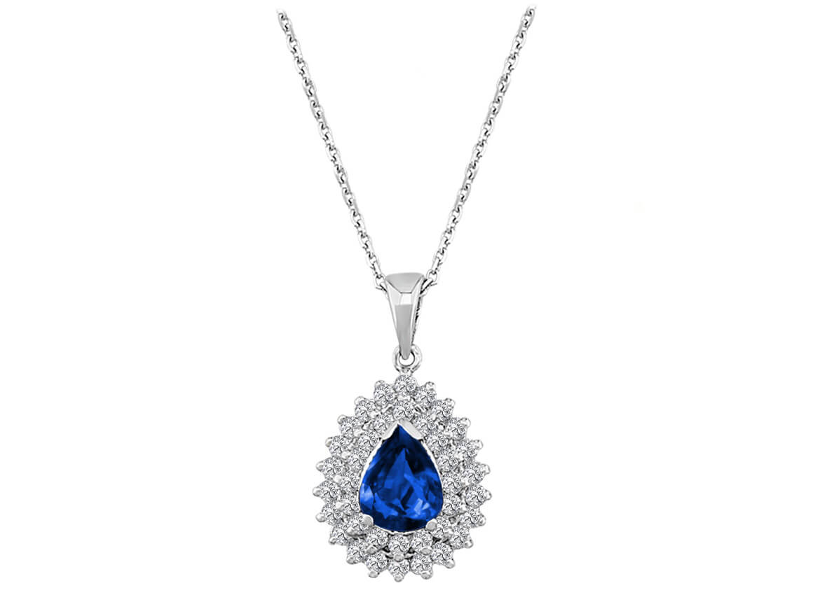 Exclusive necklace with double-row diamond setting and teardrop-shaped sapphire – 14K white gold