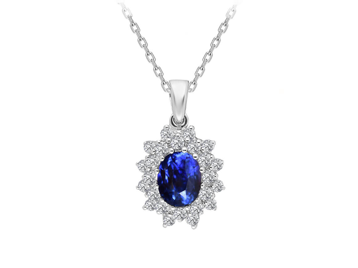 Elegant necklace with 1.14 ct oval sapphire and 0.44 ct diamonds in 14K white gold