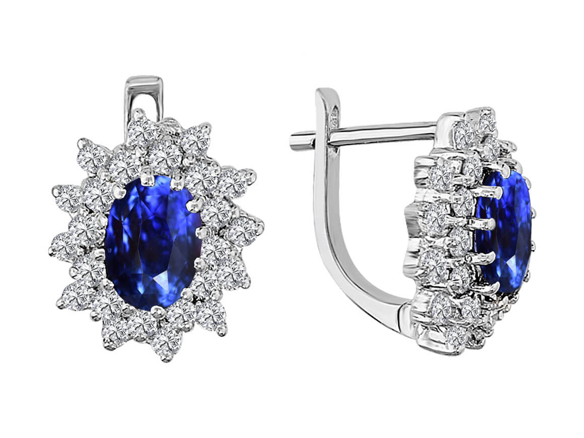Safir ve Pırlanta Pimli Küpe - Oval Kesim, 585 Beyaz Altın, Anturaj Montür - Rosy Lab Diamonds’tan yüksek kaliteli Mücevher