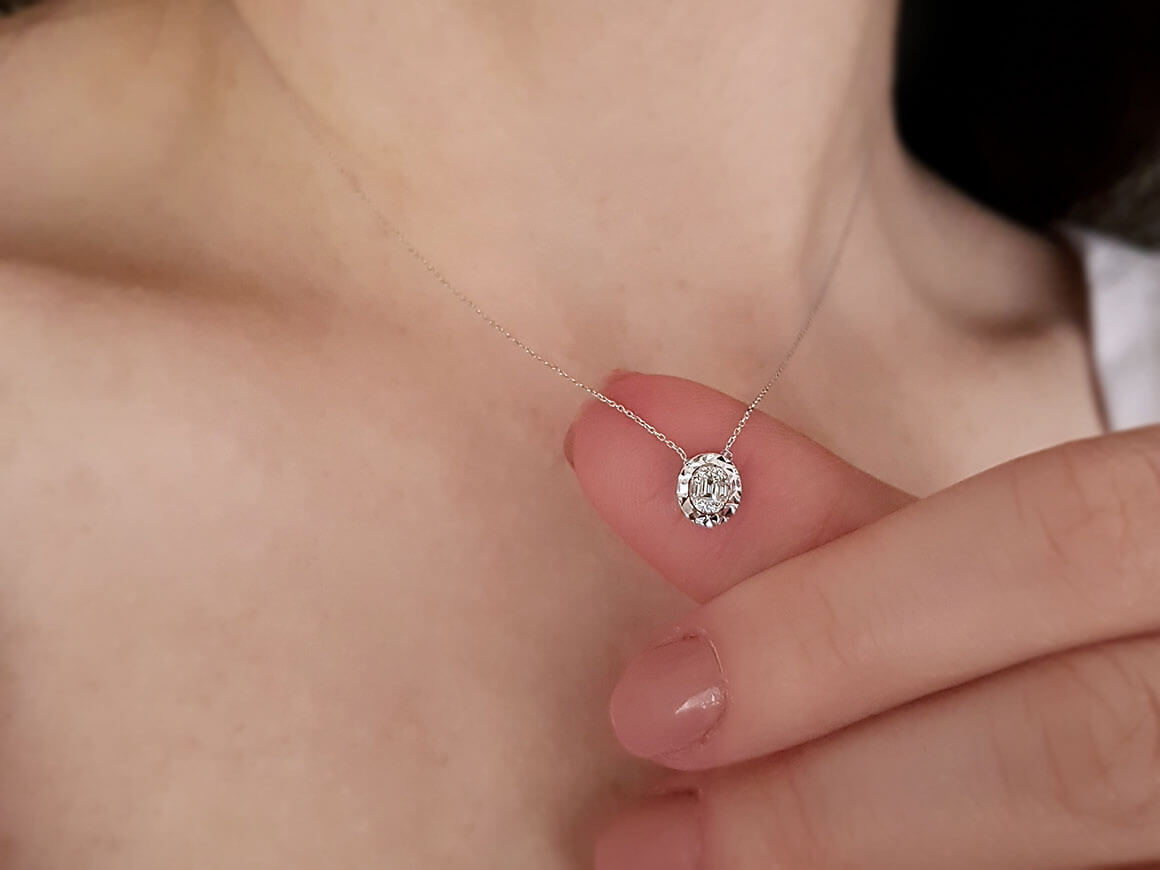Bagett- & runde labordiamanten Halskette mit Glanzeffekt | 14K Gold - hochwertiger Schmuck von Rosy Lab Diamonds