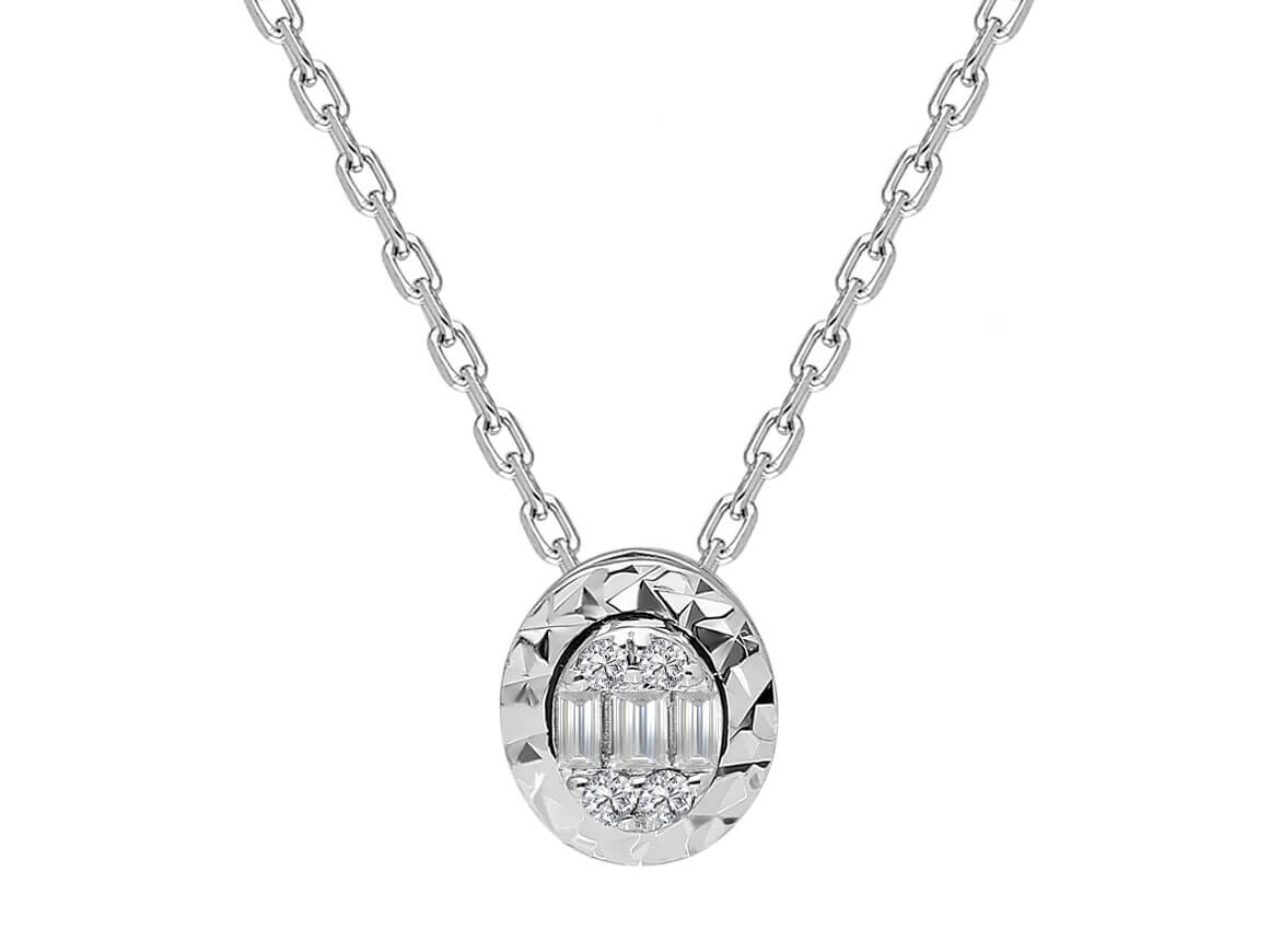 Shiny necklace with 3 baguette and 4 round lab diamonds – 14K gold