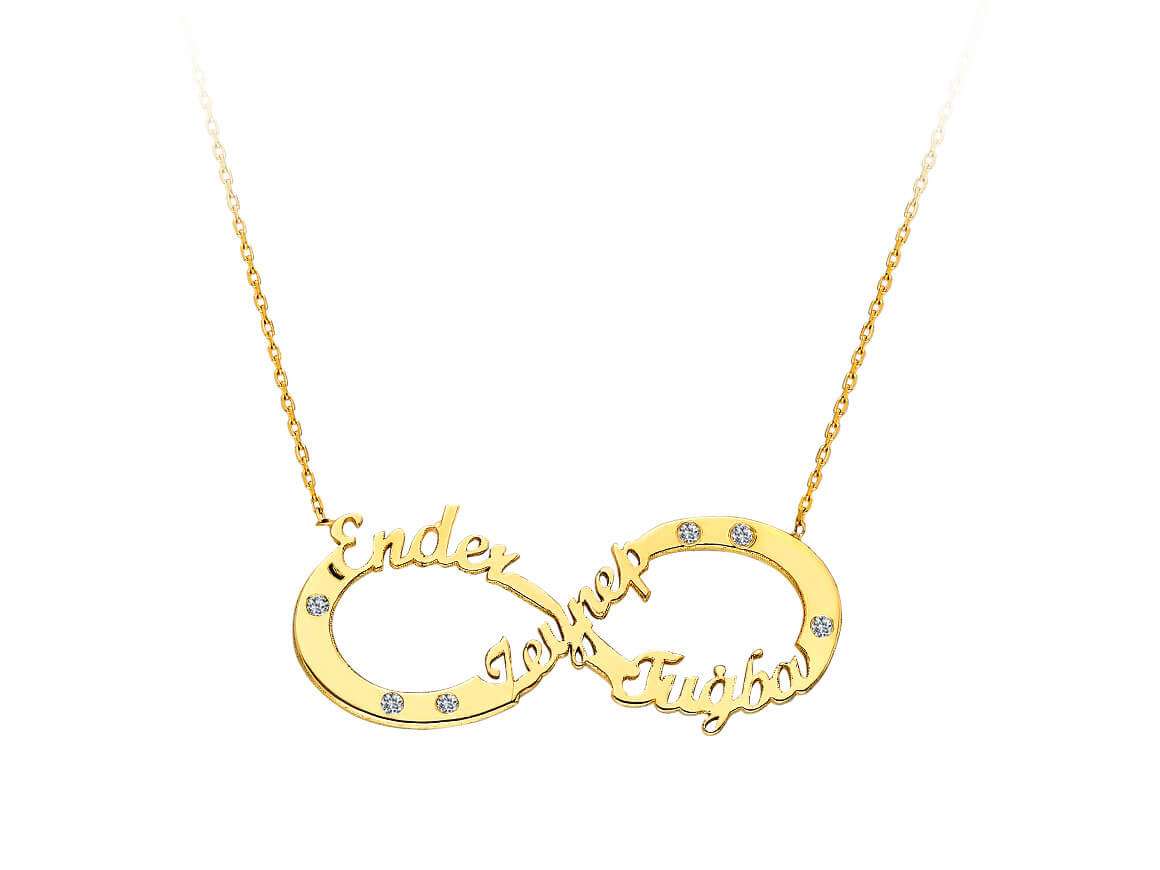 Personalized Infinity Necklace with 6 Diamonds – 14K Yellow Gold