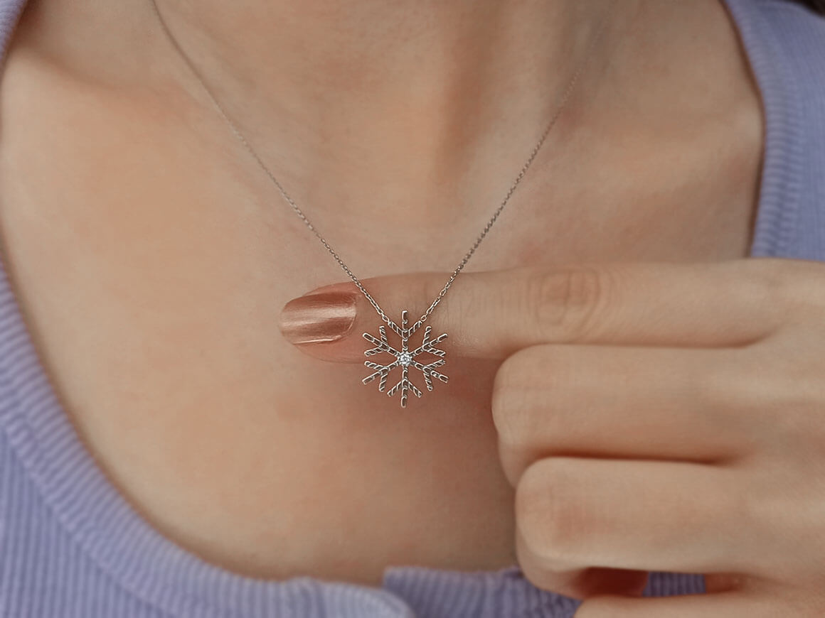 Collier flocon de neige en Diamant - 0,02 ct | Or Blanc 8K - 15P0049 - Bijoux de haute qualité de Rosy Lab Diamonds