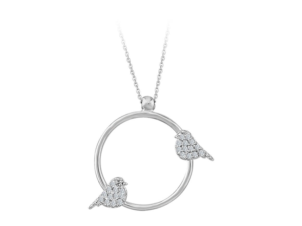 Double Bird Circle Necklace with 26 Lab Diamonds in 14K White Gold