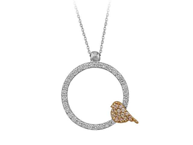 14K İki Renkli Altından 43 Laboratuvar Elması İçeren Kuş Çember Kolye - Rosy Lab Diamonds'tan Yüksek Kaliteli Mücevher