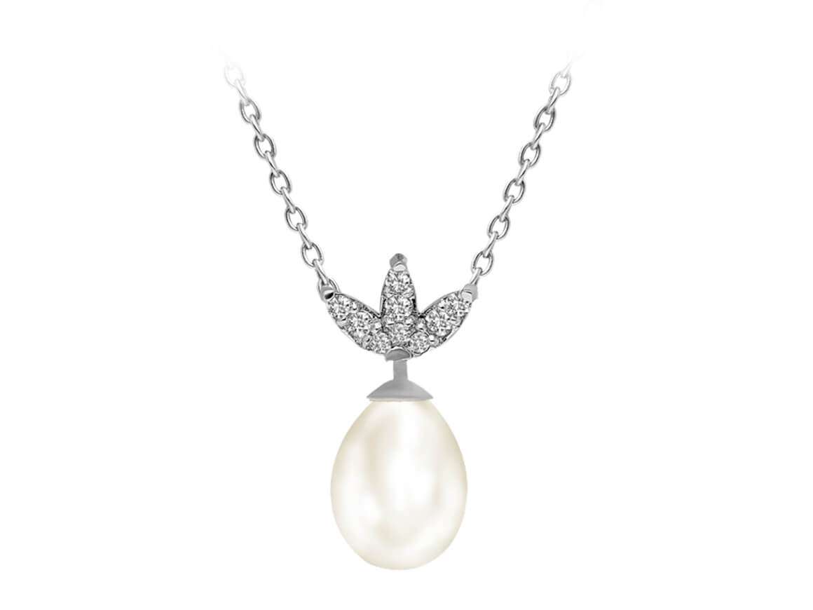 Pendentif avec perle goutte blanche et diamants - Or Blanc 14 carats - Bijoux haut de gamme de Rosy Lab Diamonds