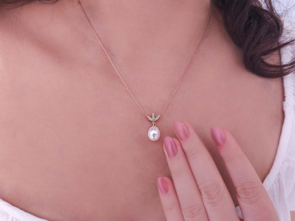 Pembe damla inci ve elmaslı Kolye Ucu - 14K Rose Altın - Rosy Lab Diamonds’tan yüksek kaliteli Mücevher