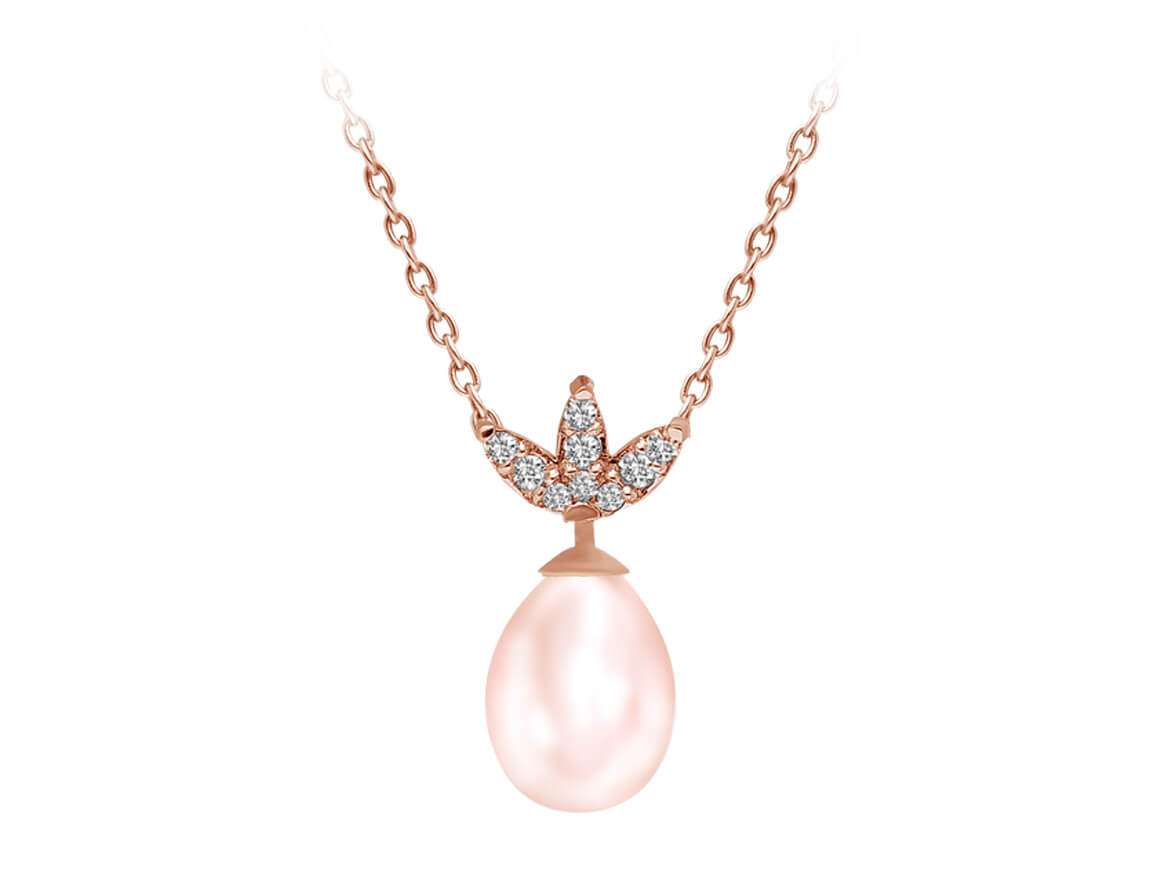 Pembe damla inci ve elmaslı Kolye Ucu - 14K Rose Altın - Rosy Lab Diamonds’tan yüksek kaliteli Mücevher