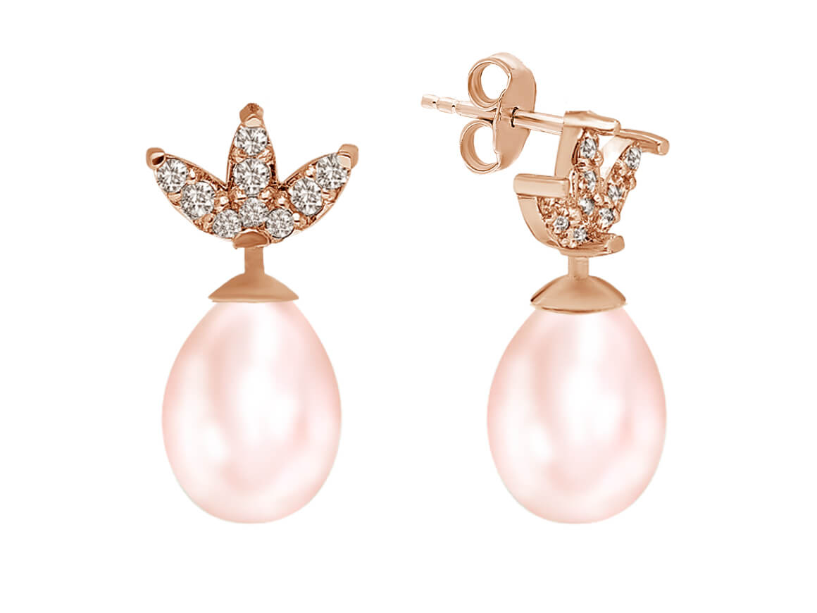 Rose Gold Earrings with Diamonds and Pink Drop Pearls in 14-karat Gold – high-quality Jewelry by Rosy Lab Diamonds