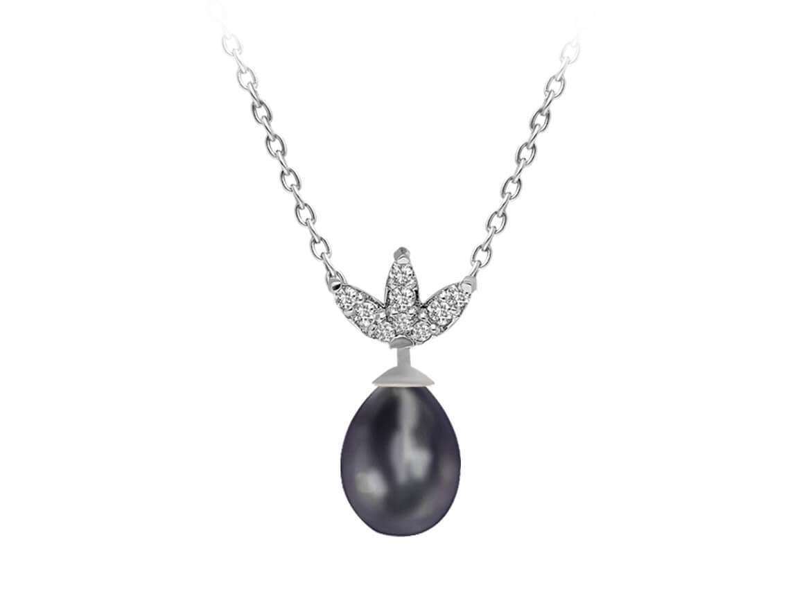 Pendentif en perle goutte noire et diamant - Or Blanc 14 carats - Bijoux haut de gamme de Rosy Lab Diamonds