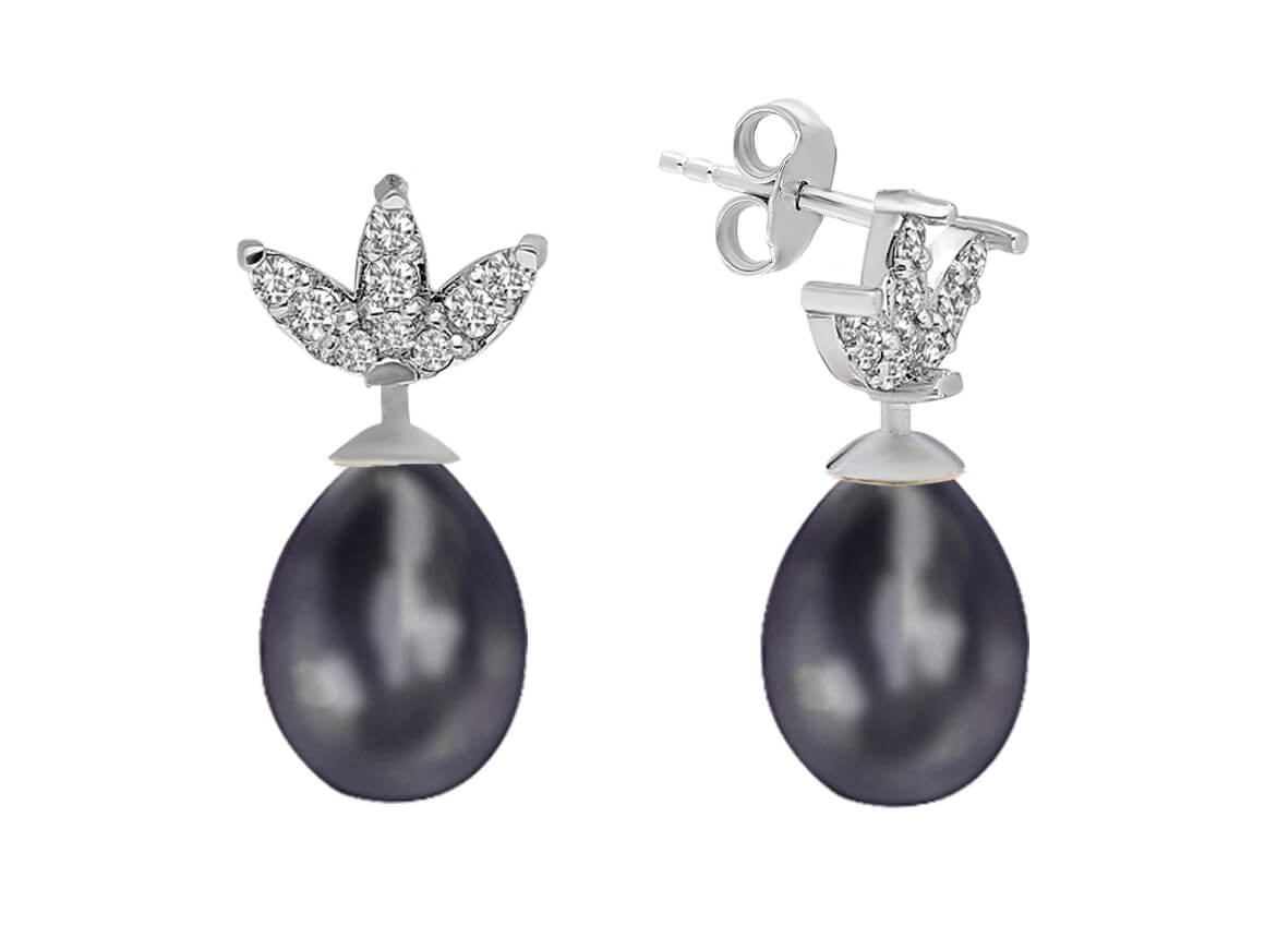 Boucles d'oreilles élégantes avec diamants naturels et perles goutte noires en or blanc 585