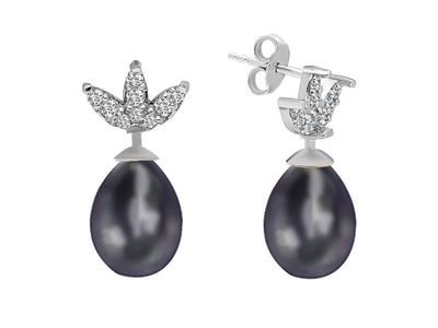 Boucles d'oreilles élégantes avec diamants naturels et perles goutte noires en or blanc 585