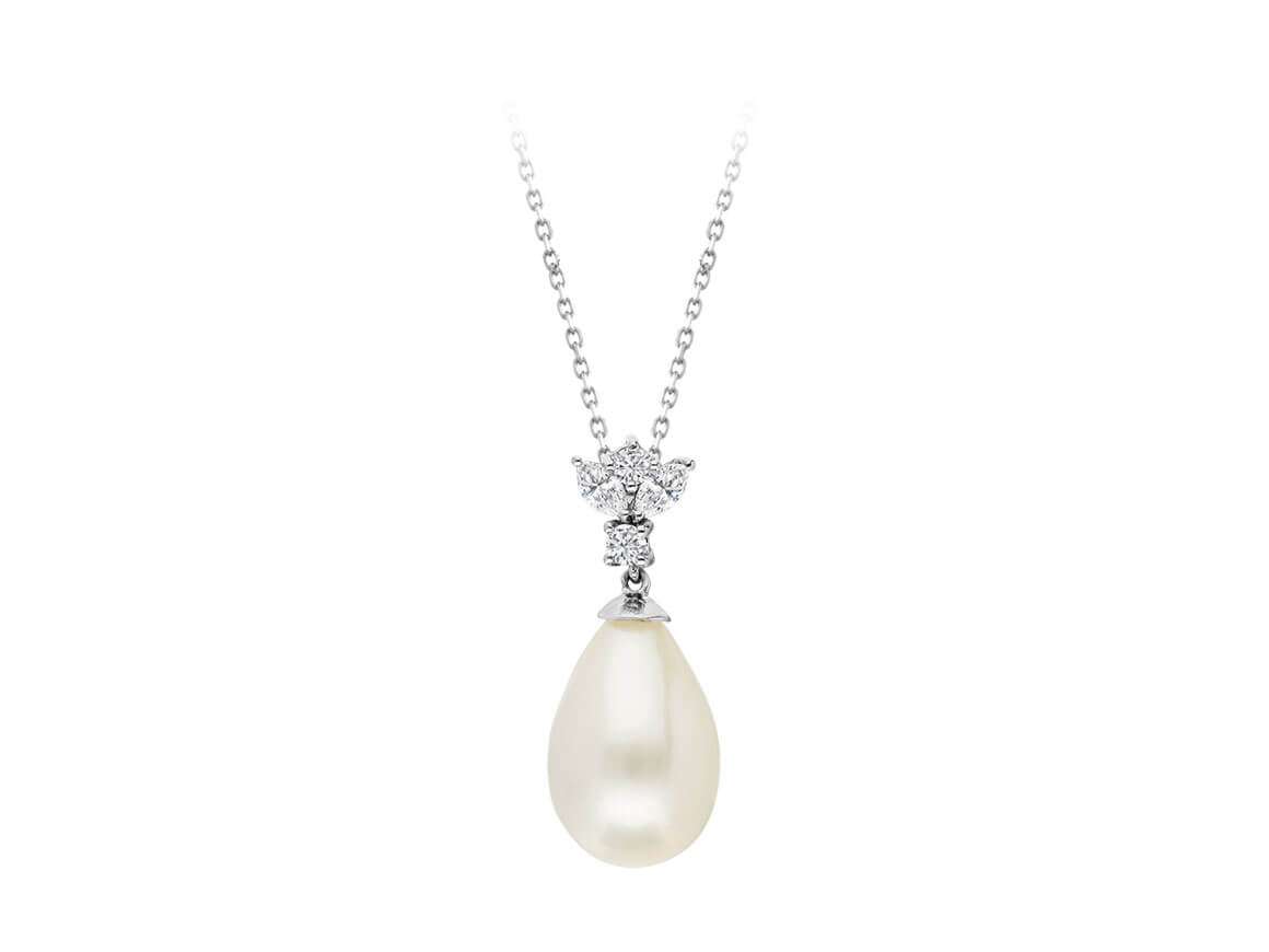 Pendentif avec perle goutte et diamants marquise - Or Blanc 14 carats - Bijoux haut de gamme de Rosy Lab Diamonds