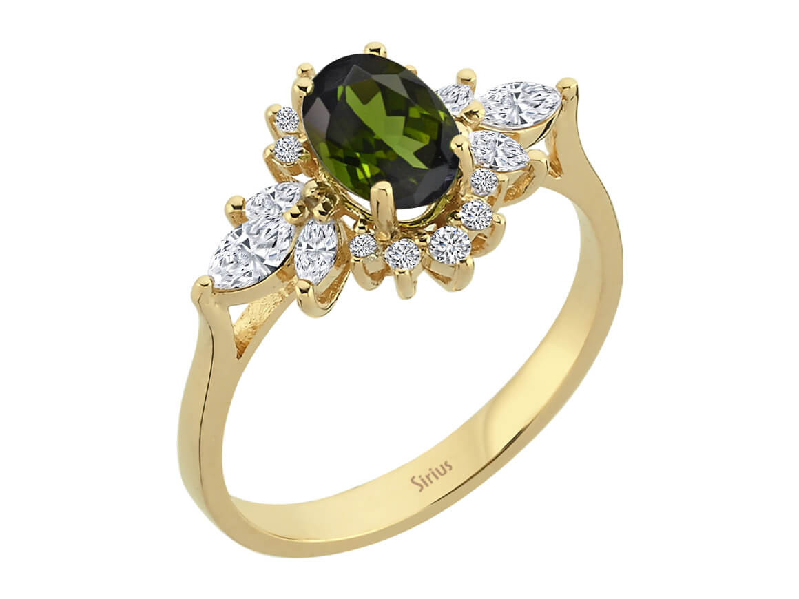 Yellow gold ring with green tourmaline and lab diamonds – Lucrezia design