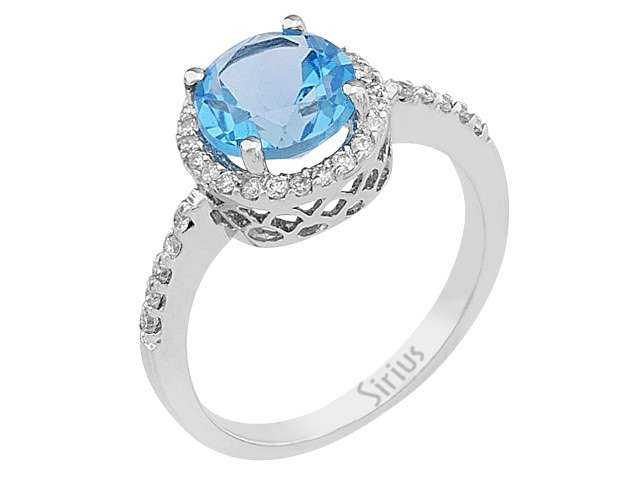 Eleganter Ring mit blauem Topas und 34 laborgezüchteten Runddiamanten in 14 Karat Weißgold