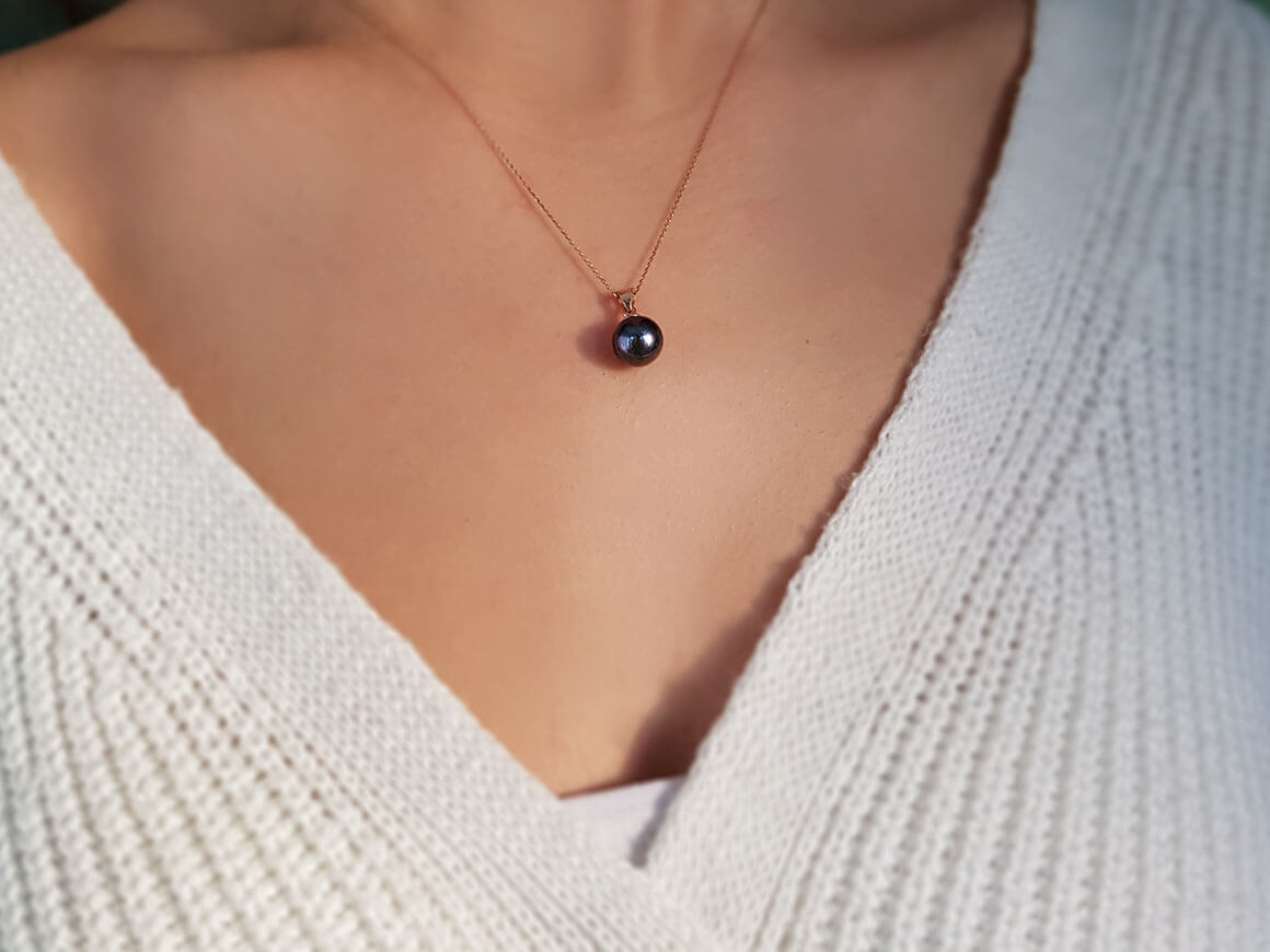 Siyah İnci Kolye - 14K Rose Altın içinde 3,67 ct | Zarif boyun takısı - Rosy Lab Diamonds’tan yüksek kaliteli Mücevher