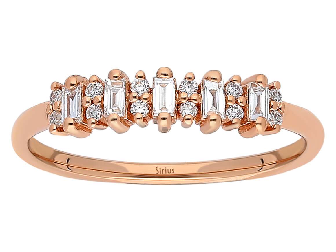 Zarif Baguette ve Yuvarlak Elmaslı Yüzük – 14K Pembe Altın