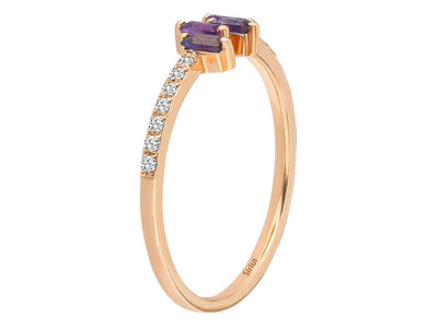 Bague en or rose avec iolite, améthyste et 14 diamants de laboratoire