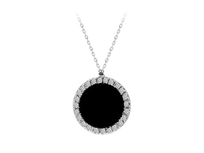 Round Onyx Pendant with Diamonds | 14K White Gold