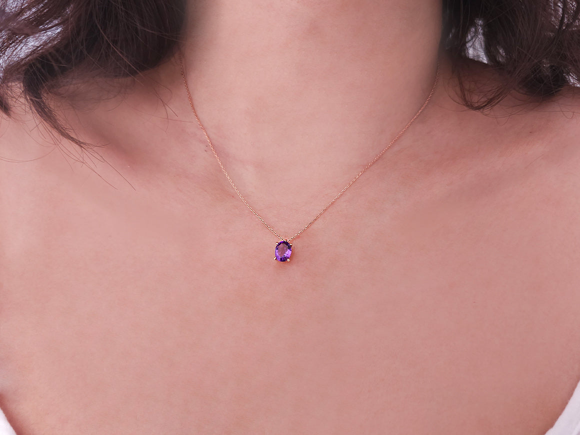 Oval Ametistli 8K Rose Altın Kolye | 02P0017 - Rosy Lab Diamonds’ın yüksek kaliteli Mücevheri
