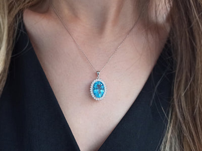 Oval London Blue Topaz Pendant with Diamond Setting – 7.28 ct & 0.50 ct in 14K White Gold