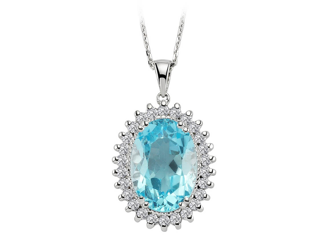 Oval London Blue Topaz Pendant with Diamond Setting – 7.28 ct & 0.50 ct in 14K White Gold