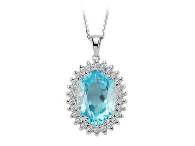 Oval London Blue Topaz Pendant with Diamond Setting – 7.28 ct & 0.50 ct in 14K White Gold