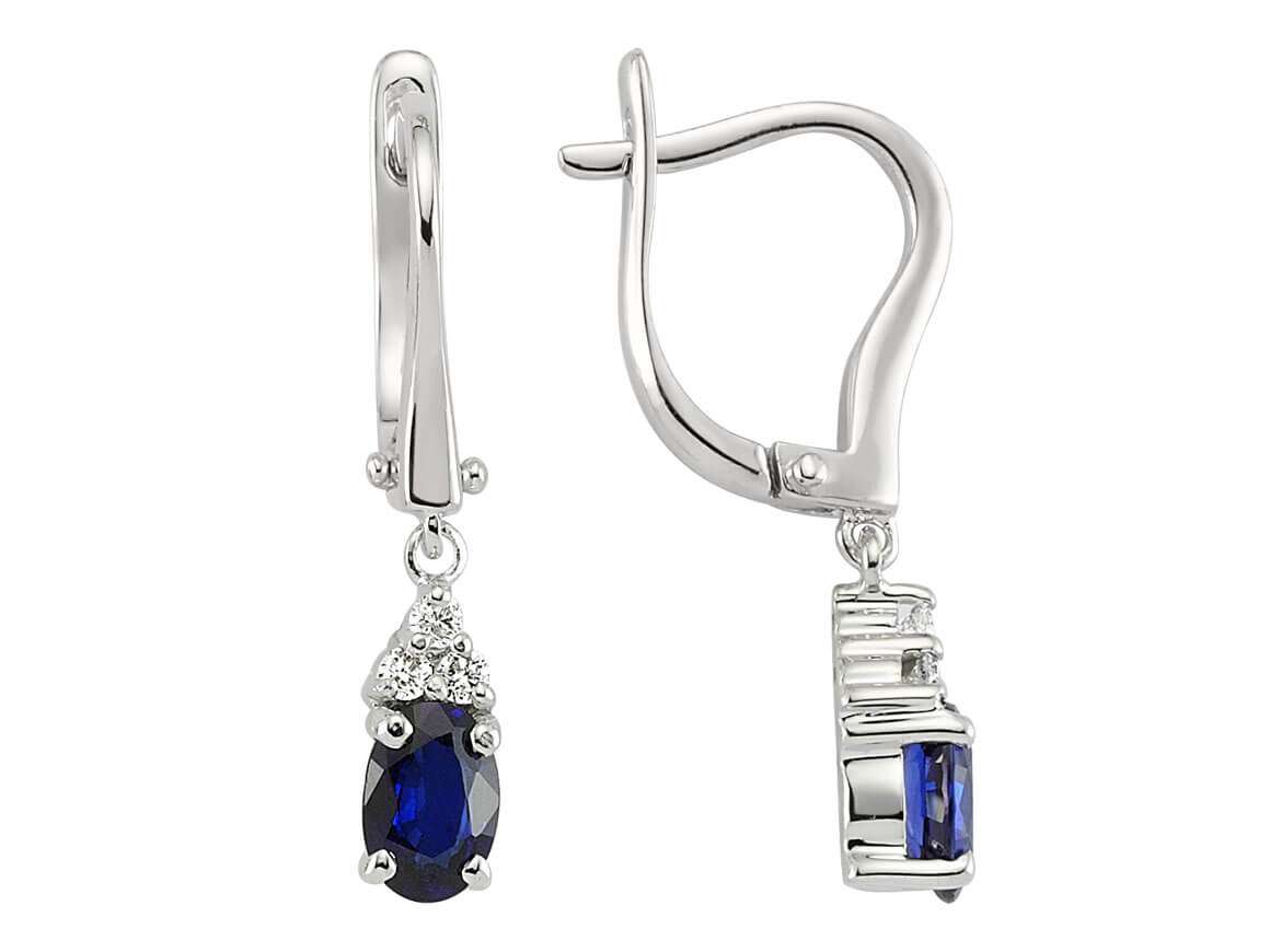 Boucles d'oreilles pendantes Sallantili avec saphirs ovales et 6 diamants cultivés en laboratoire en or blanc 8K