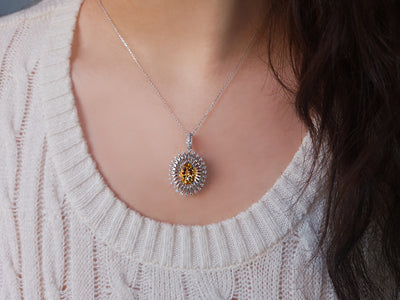 Elegant pendant with oval citrine & diamonds – 2.40 ct citrine in 14K white gold