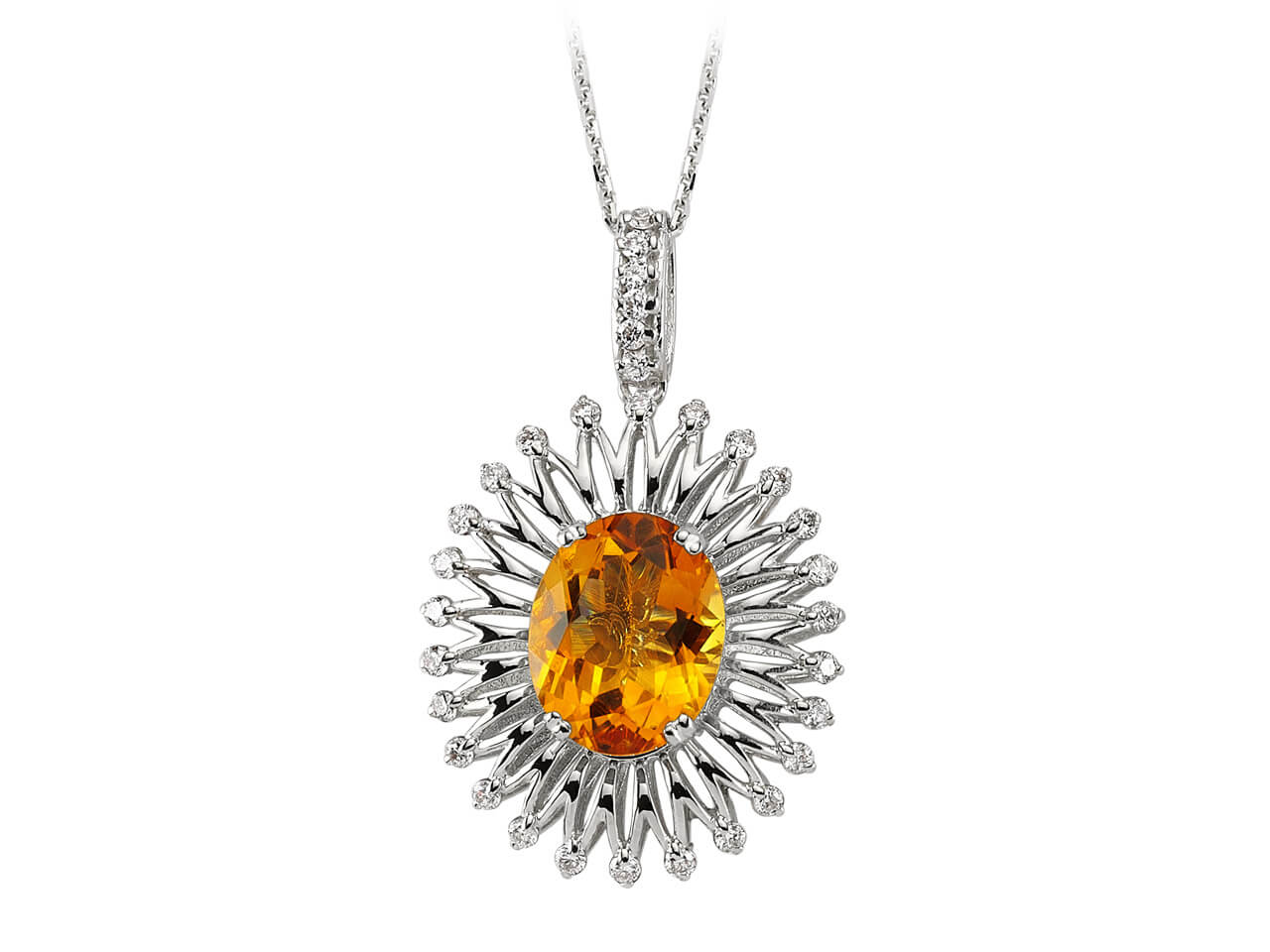Elegant pendant with oval citrine & diamonds – 2.40 ct citrine in 14K white gold