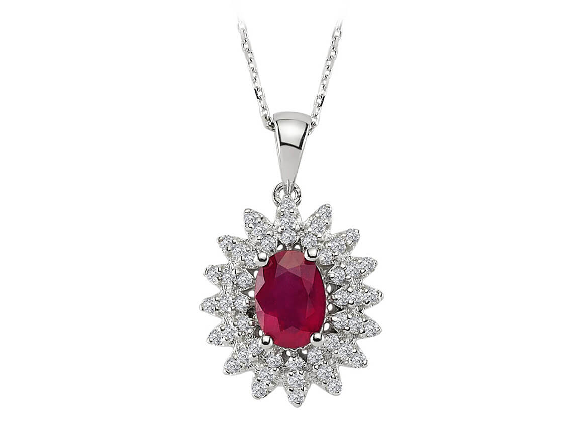 Pendentif ovale en rubis avec diamants – 1,16 ct rubis & 0,35 ct diamants en or blanc 14 carats