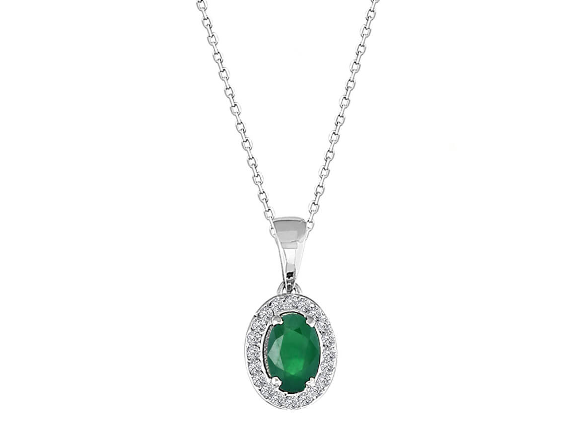 Collier avec émeraude ovale et 20 diamants cultivés en laboratoire en or blanc 8K