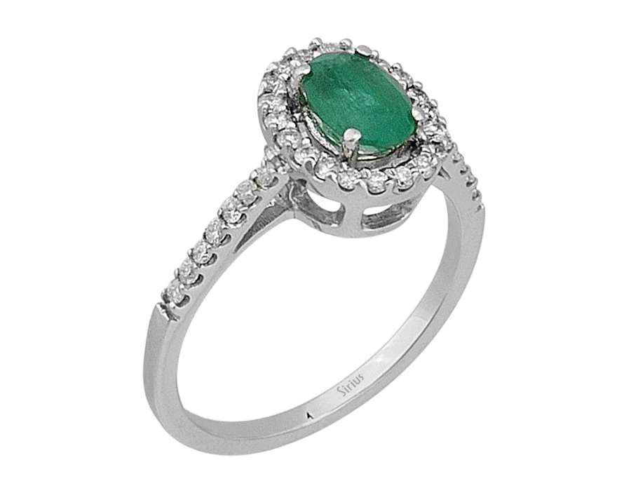 Eleganter Ring mit 34 rund geschliffenen Diamanten und 1 ovalem Smaragd in 14 Karat Weißgold