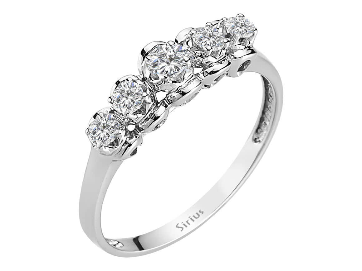 Eleganter 5-Stein-Ring aus 14 Karat Weißgold mit rund geschliffenen Diamanten