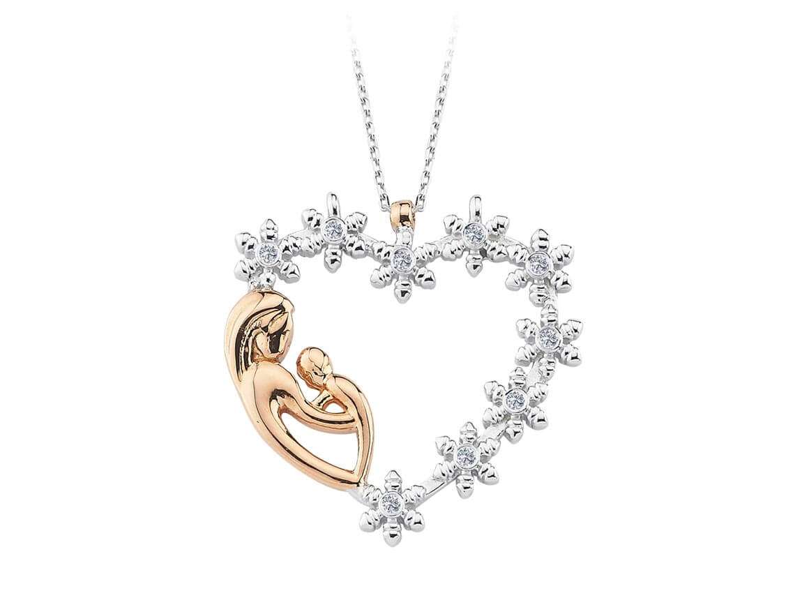 Pendentif cœur « Mère & Enfant » avec 9 diamants en or 14 carats