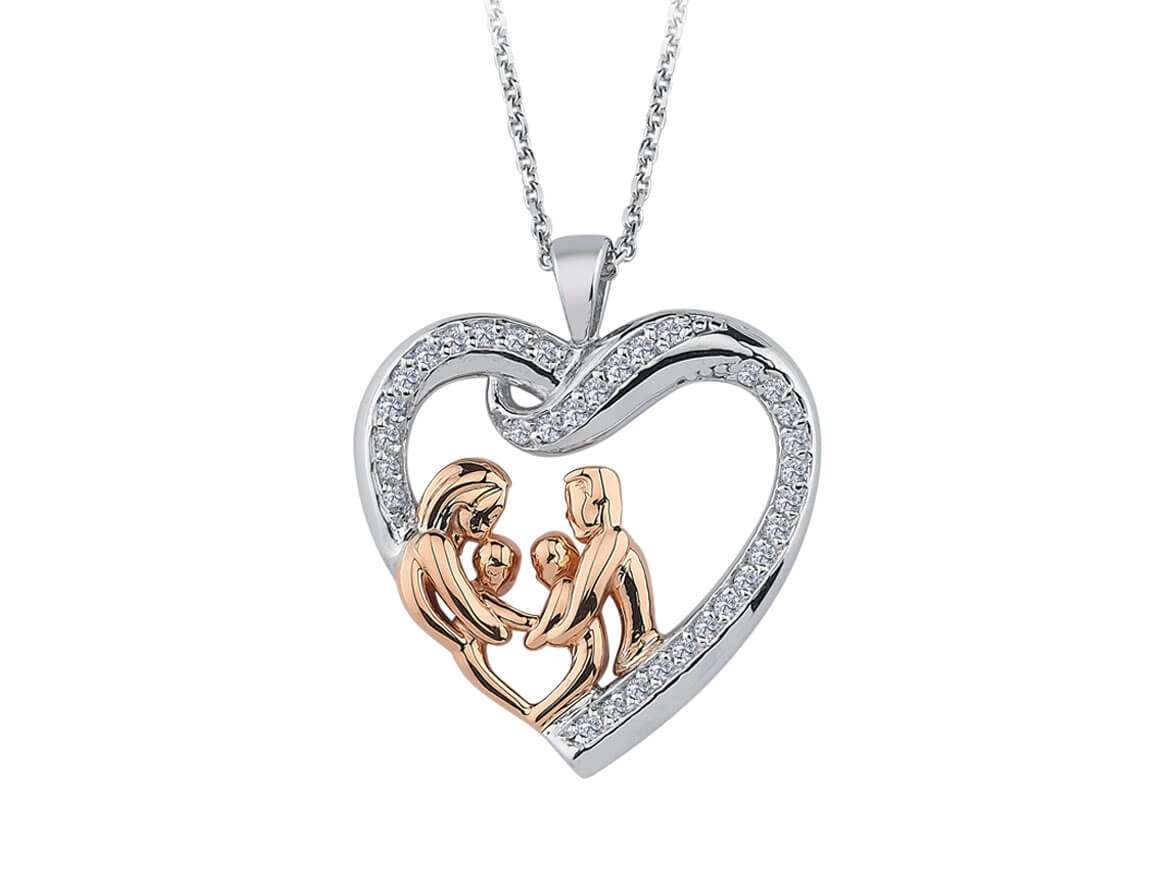 Pendentif cœur familial avec 33 diamants taille brillant – Or rose 14 carats et Or Blanc – Bijoux haut de gamme de Rosy Lab Diamonds