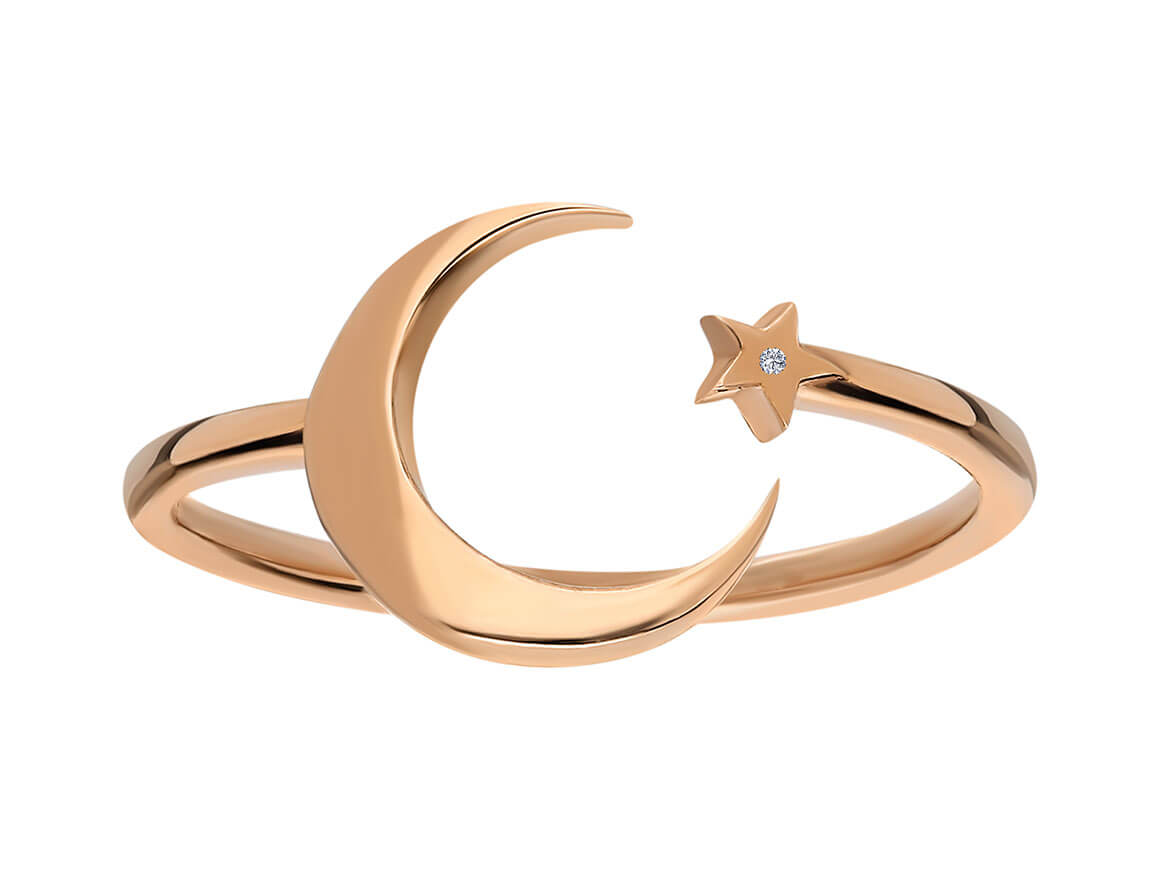 Minimalistischer Mond- und Stern-Diamantring aus 8 Karat Roségold - hochwertiger Schmuck von Rosy Lab Diamonds