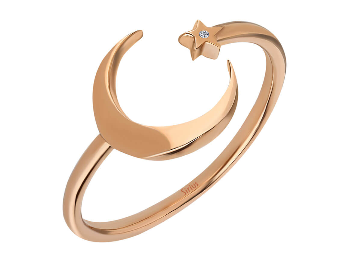 Minimalistischer Mond- und Stern-Diamantring aus 8 Karat Roségold - hochwertiger Schmuck von Rosy Lab Diamonds