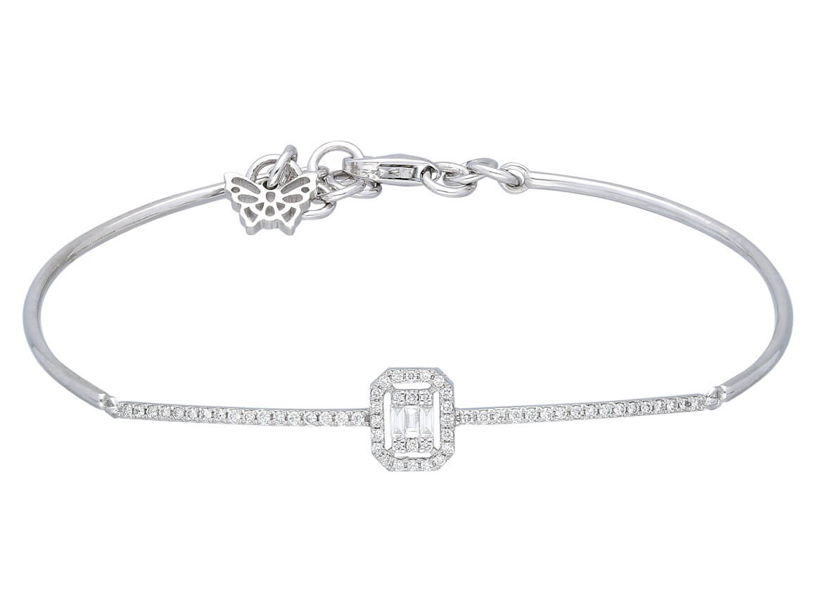 Fine bangle bracelet with 3 baguette & 60 round lab-grown diamonds in 8K white gold