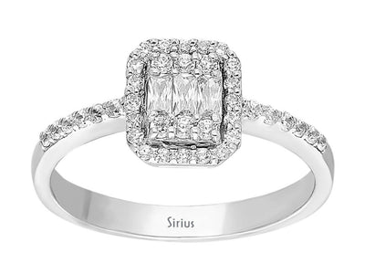 Elegant baguette and round diamond ring made of 14 karat white gold