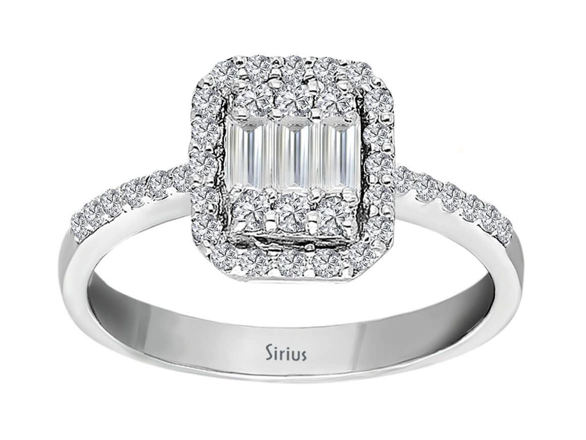 Bague prestige en diamant avec taille baguette et ronde en or 14 carats