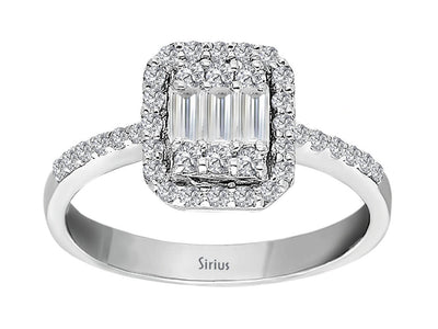 Bague prestige en diamant avec taille baguette et ronde en or 14 carats