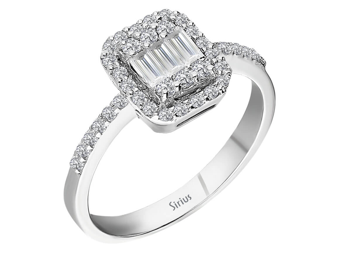 Bague prestige en diamant avec taille baguette et ronde en or 14 carats