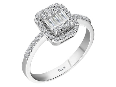 Bague prestige en diamant avec taille baguette et ronde en or 14 carats