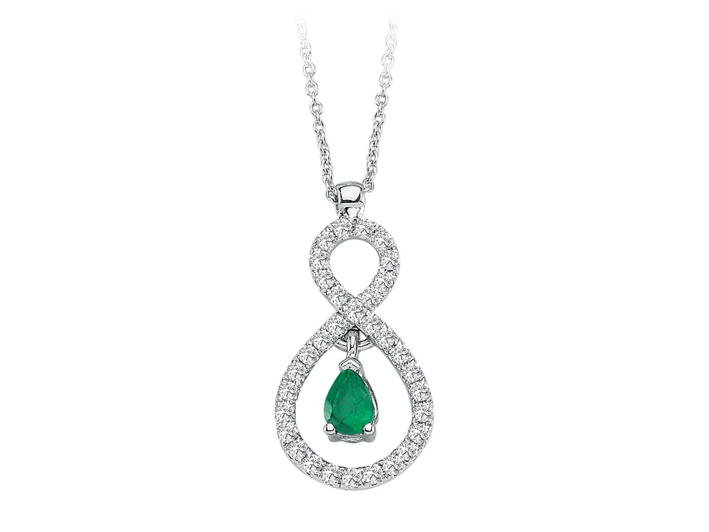 Unendlichkeitsanhänger mit Tropfen-Emerald & Brillanten – 14K Weißgold