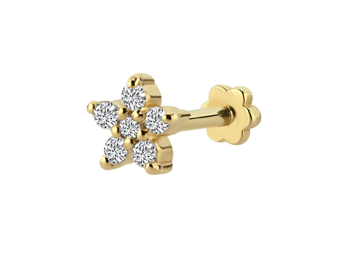 Çiçekli Tragus Piercing - 585 ayar Sarı Altın içinde 6 elmas | Zarif piercing Mücevheri - Rosy Lab Diamonds’tan yüksek kaliteli Mücevher