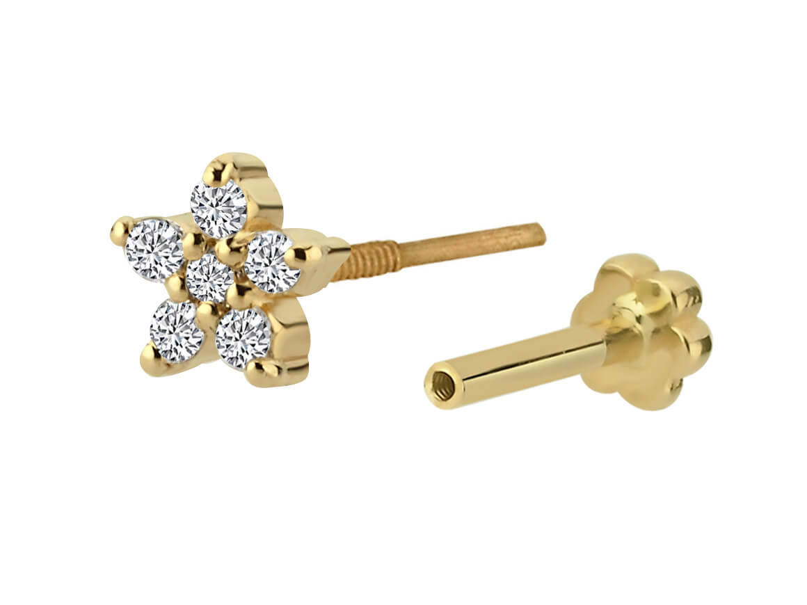 Çiçekli Tragus Piercing - 585 ayar Sarı Altın içinde 6 elmas | Zarif piercing Mücevheri - Rosy Lab Diamonds’tan yüksek kaliteli Mücevher
