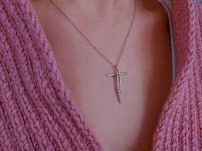 Modern cross pendant necklace with 11 lab diamonds in 14K white gold – 17P0006