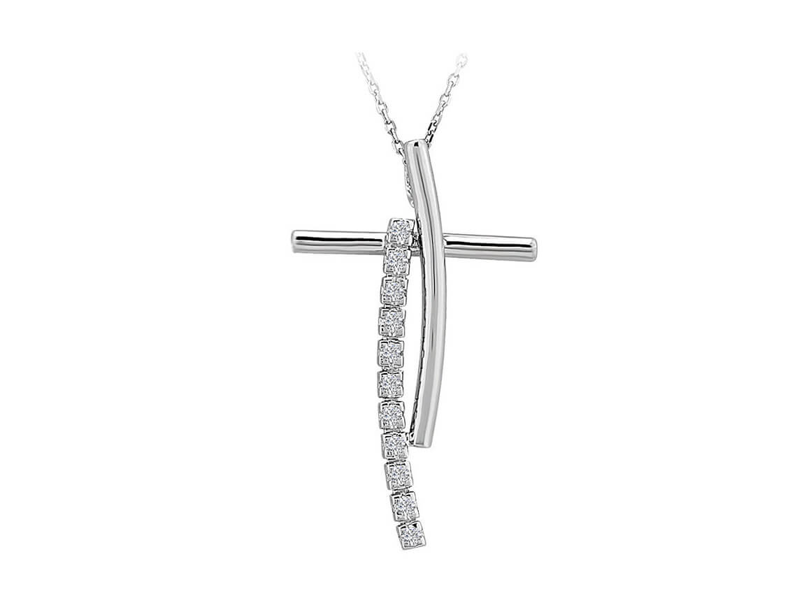 Modern cross pendant necklace with 11 lab diamonds in 14K white gold – 17P0006